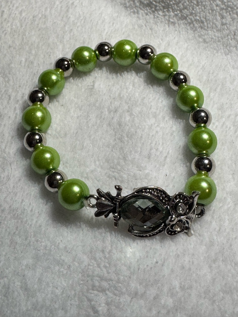 Green & Silver-tone Owl Crystal Accent Beaded Stretch Bracelet